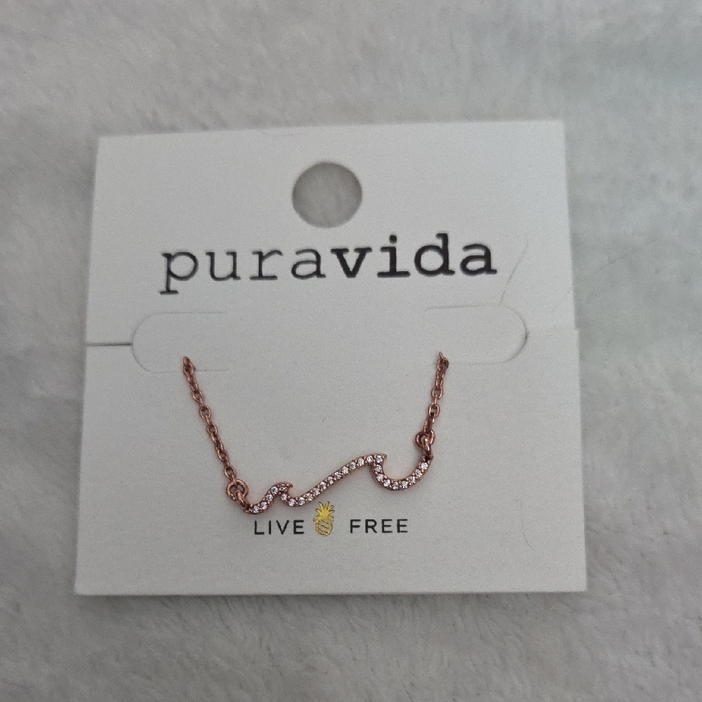 Pura Vida Wave Necklace Sterling Silver Rose Gold Plated